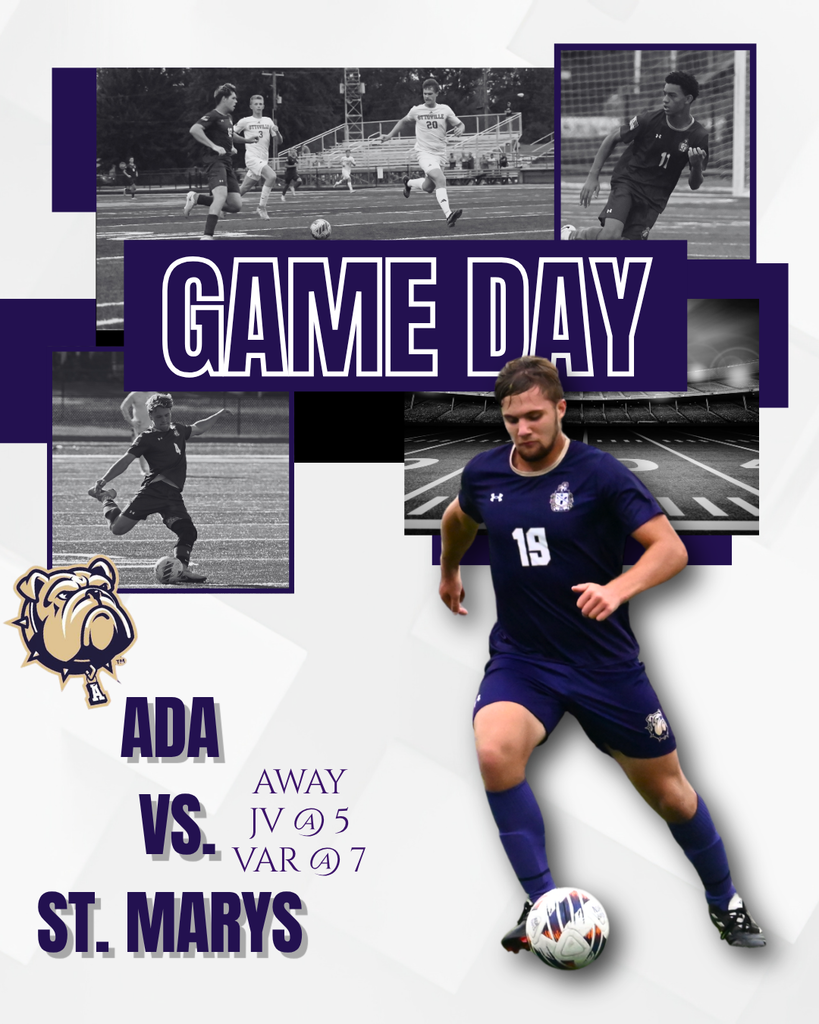 Game day graphic with mens soccer players, square accents and the bulldog logo