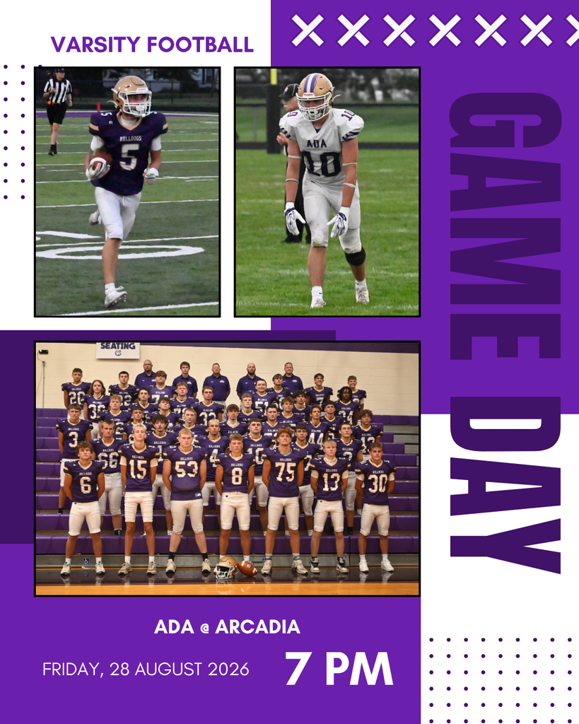 Purple and white graphic with three football photos
