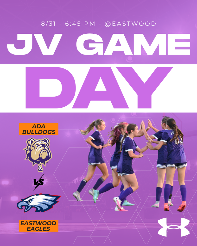Purple graphic with cutout girls soccer players with white accent and two logos