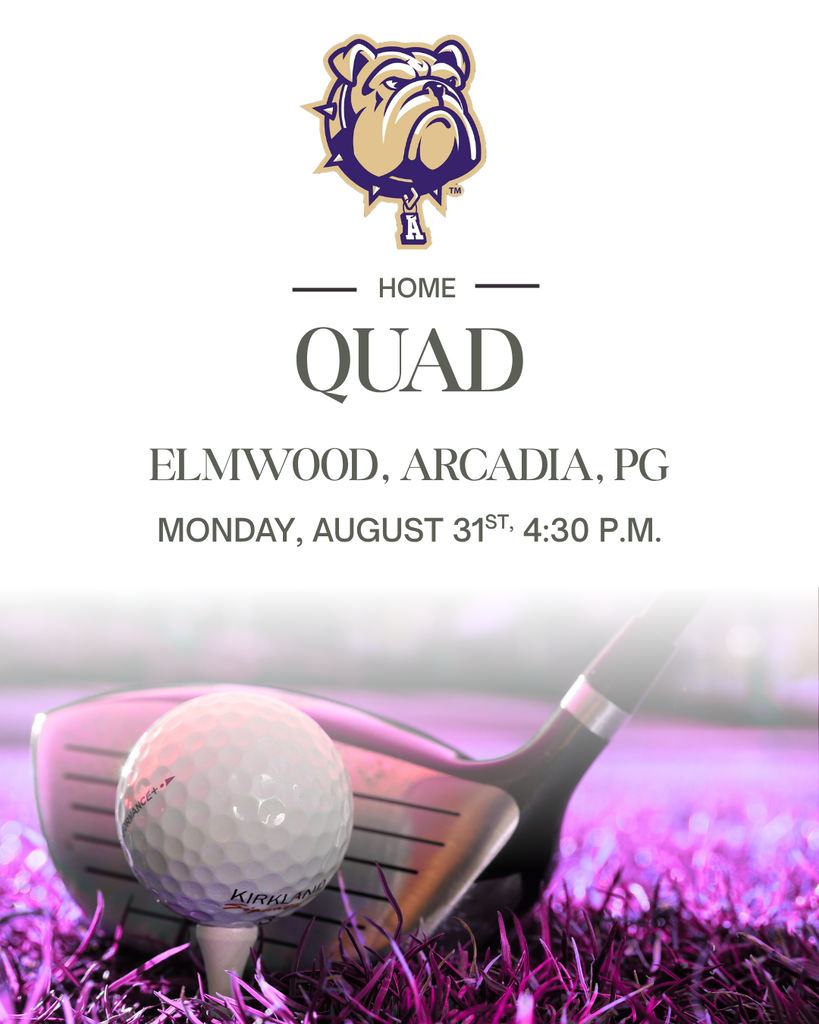 White graphic with purple grass and a gold club resting on a golf ball. Black text centered on graphic