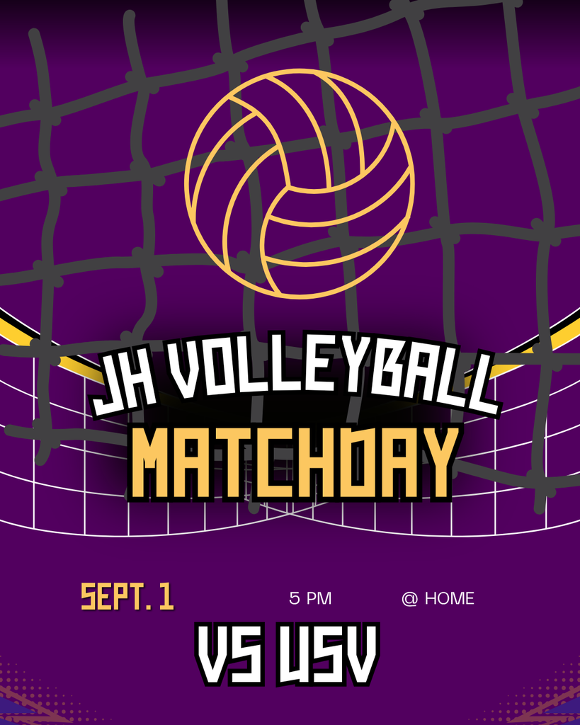 Purple graphic with volleyball net and volleyball. White and yellow text overlay ontop 