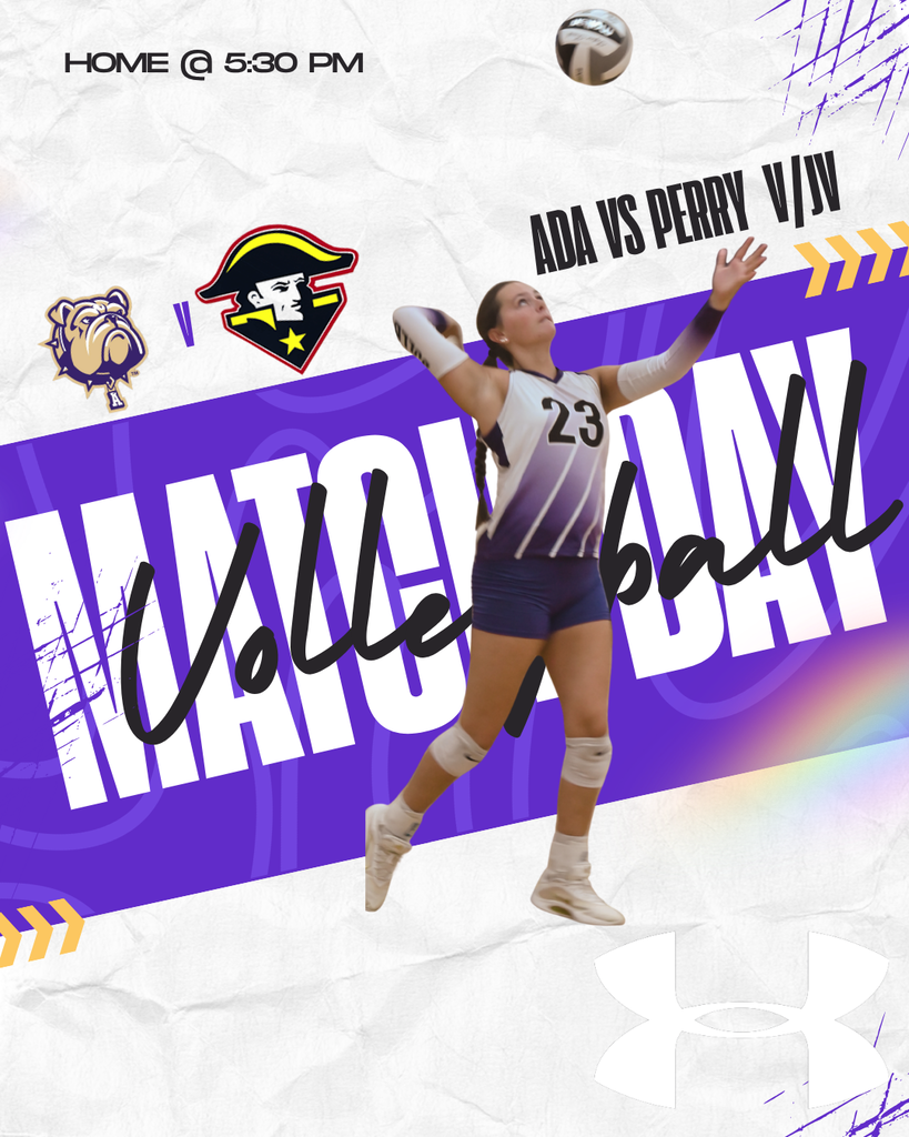 White paper background with a volleyball player centered on a blue text ribbon