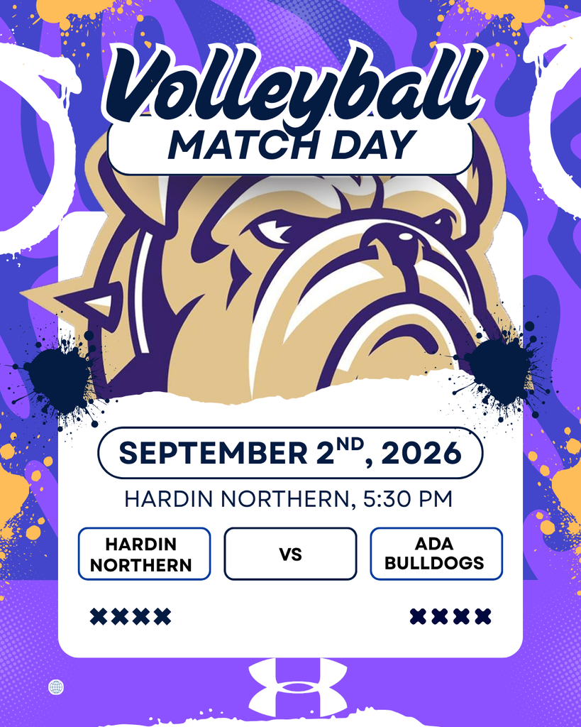 Purple and Blue graphic with bulldog head logo and black text