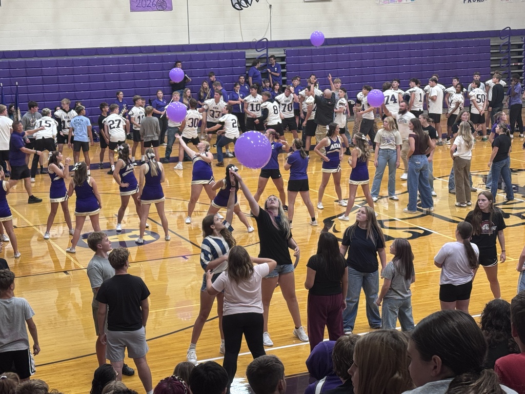 Large group of students standing on the gym floor in a straight line bumping a purple balloon down the line.