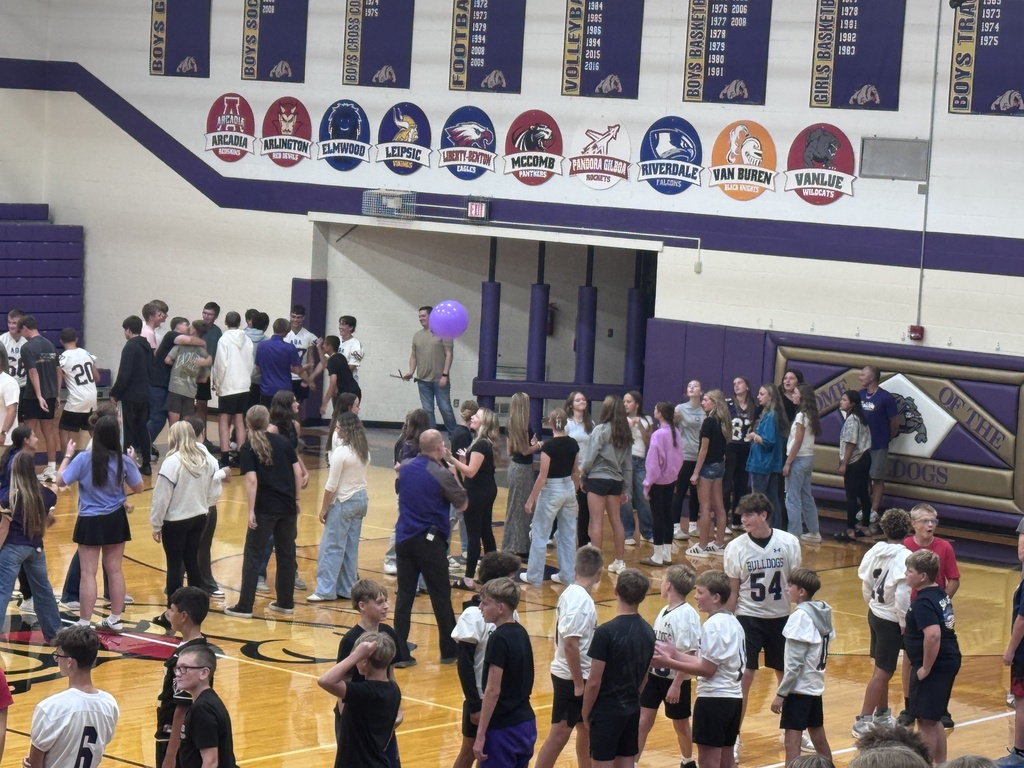 Large group of students standing on the gym floor in a straight line bumping a purple balloon down the line.