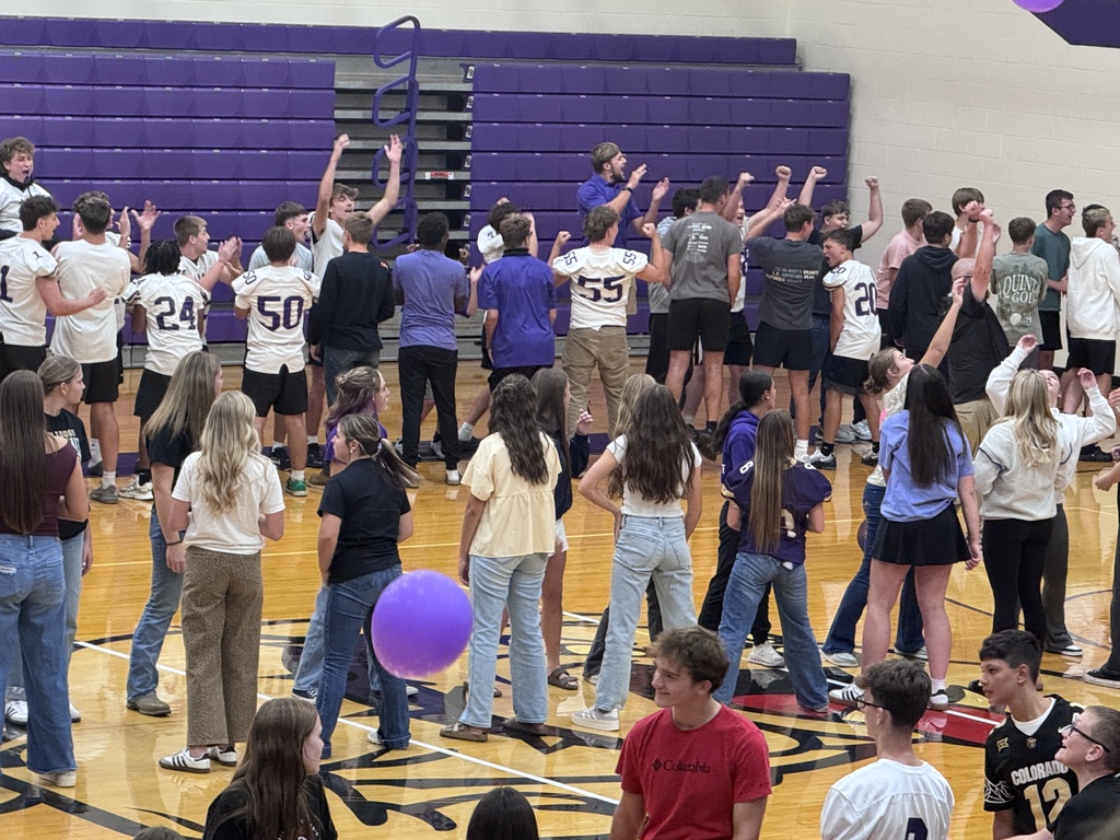 Large group of students standing on the gym floor in a straight line bumping a purple balloon down the line.