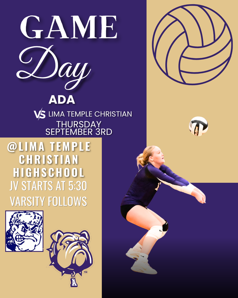Purple and gold rectablges with cutout photo of volleyball played preparing to bump a ball