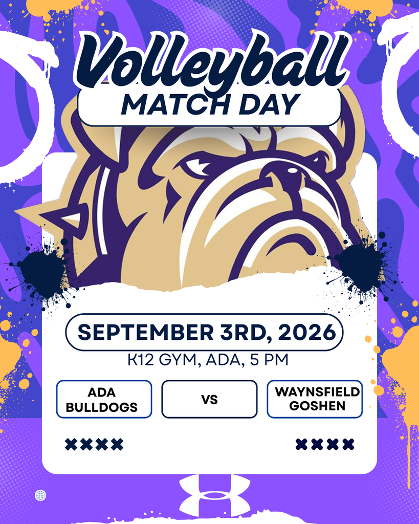 Purple and blue graphic with bulldog head logo centered