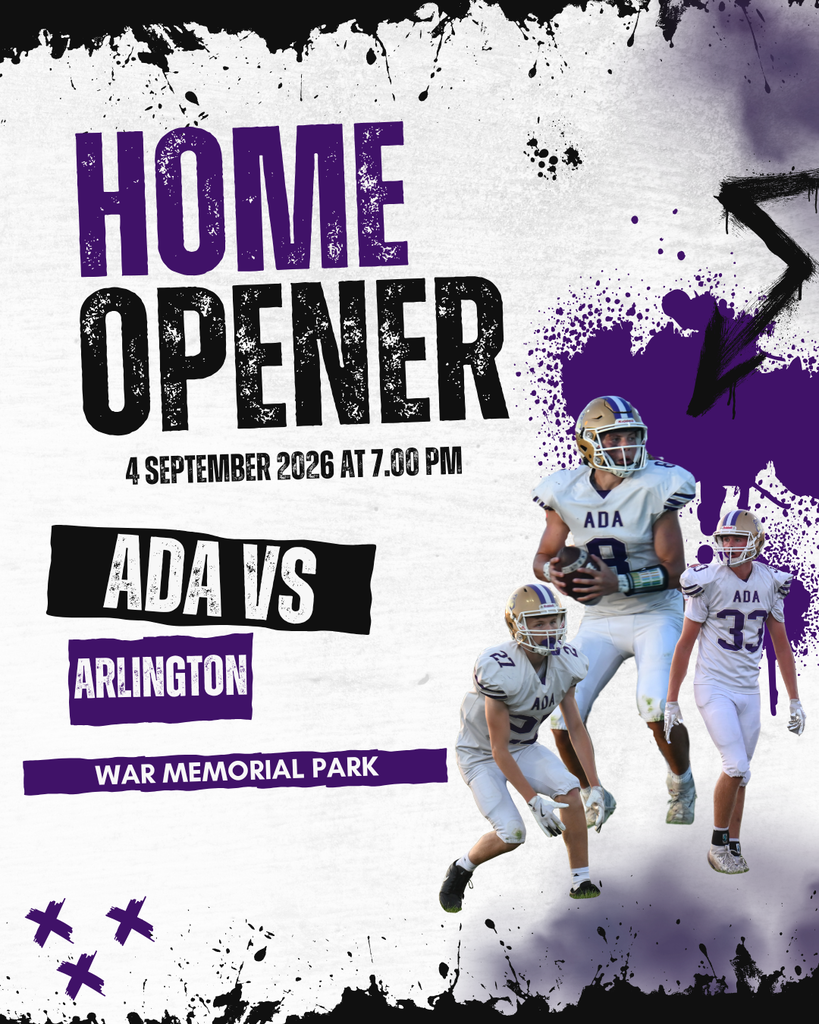 White, black and purple graphic with football players and black text