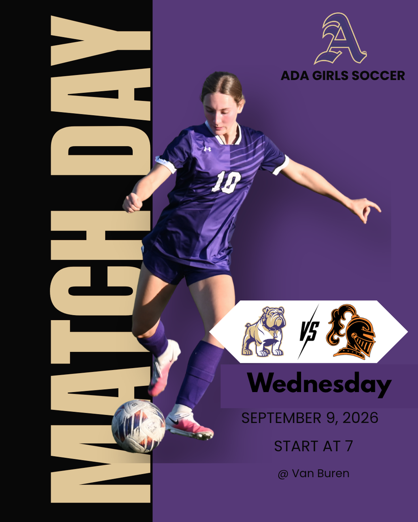 Purple graphic with black text box along the left and gold text. A female soccer player in center kicking a ball
