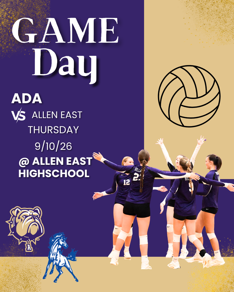 Purple and gold graphic with volleyball outline, black text and cut out photo of volleyball players embracing