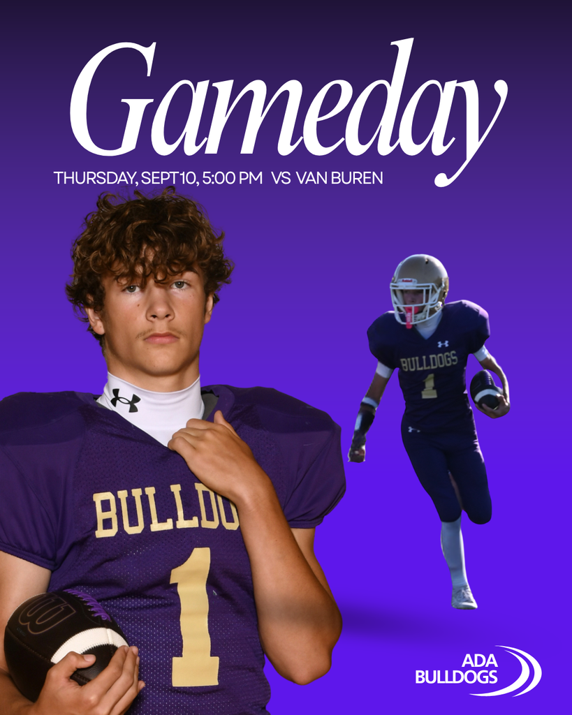Purple graphic with an ombre look and two photos of cutout male football players