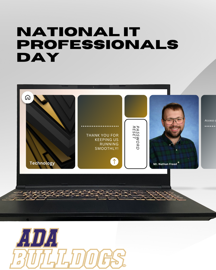 black laptop centered in graphic with a headshot of a man in front of a blue background with the ada bulldogs logo to the bottom left corner