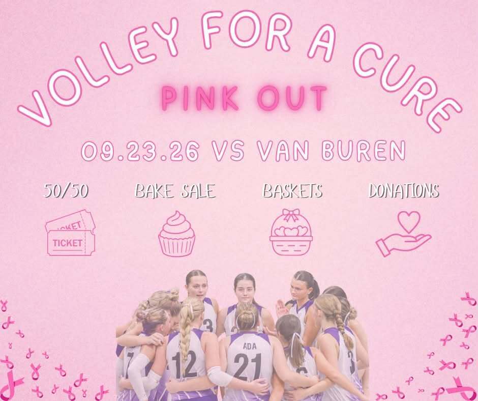 Pink graphic with white text and volleyball players huddled together