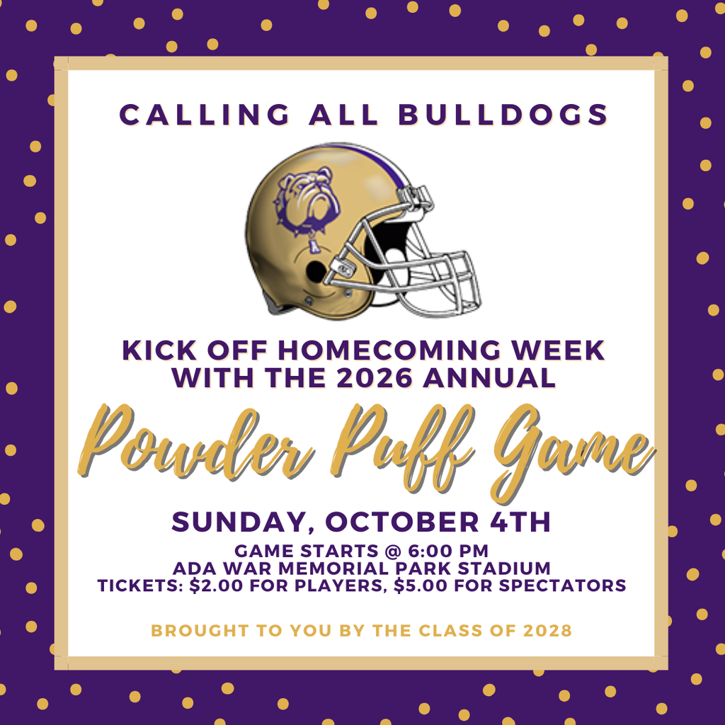 Purple and Gold graphic with gold football helment and purple and gold text with a purple and gold polka dot border