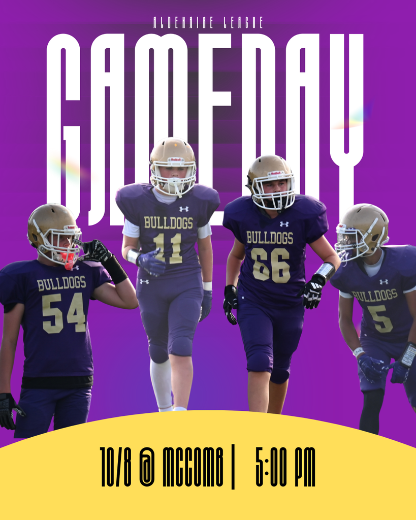 Purple and yellow graphic with football players