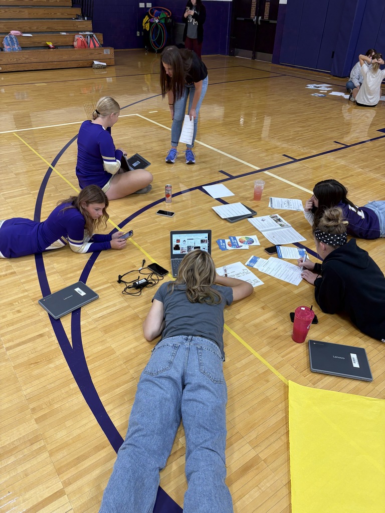 Student sitting on the gym floor working on a poster with flyers around them