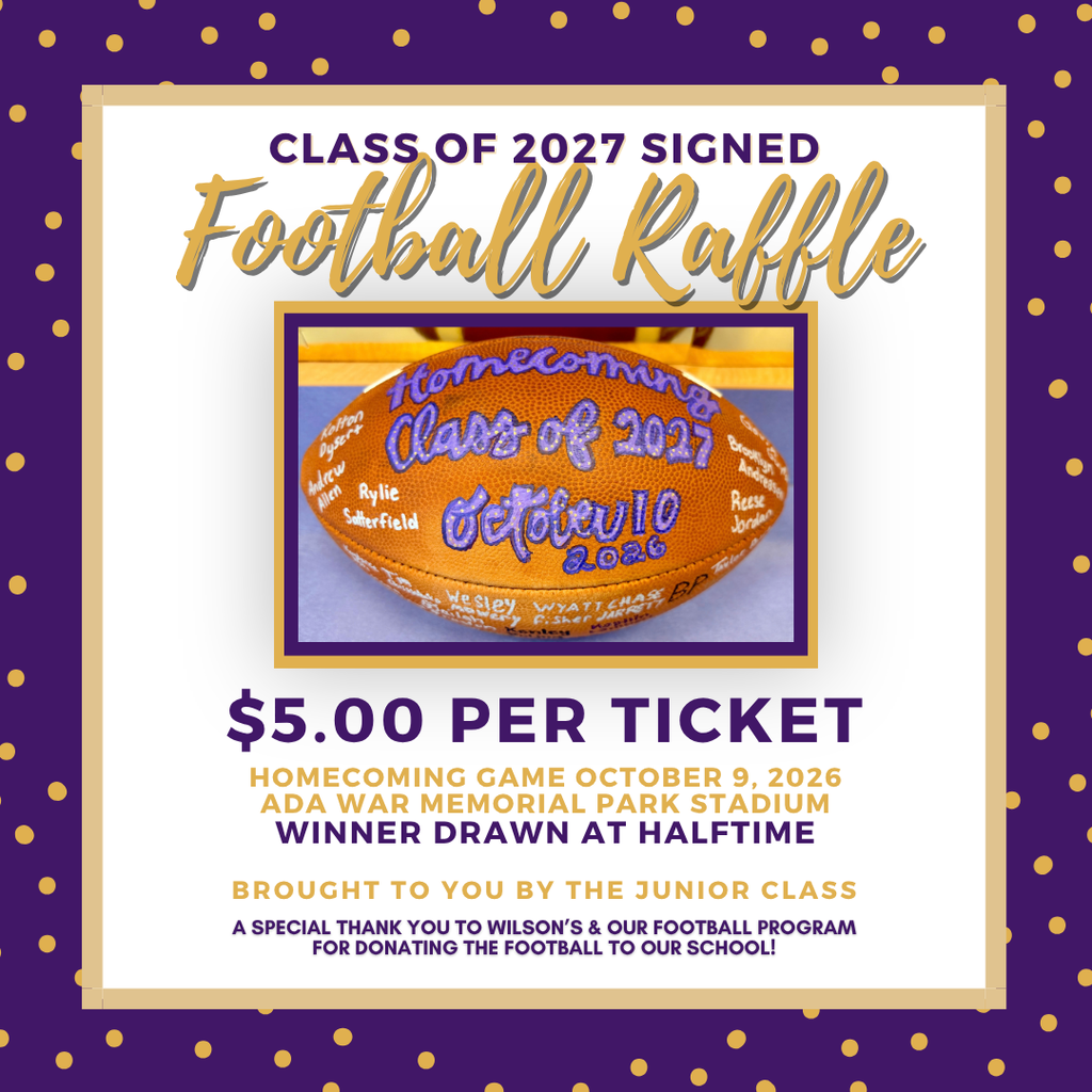 Purple and gold polka dot border with a white center and football image with purple and gold text