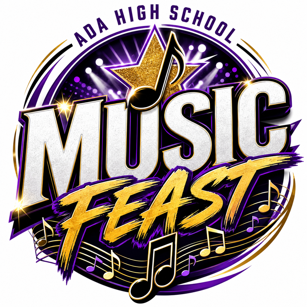 Purple, white and gold graphic with text and music notes