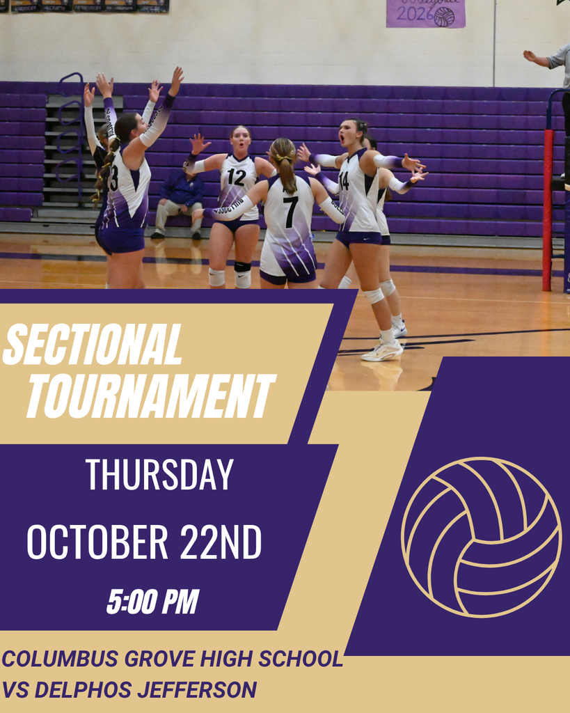 Purple and Gold graphic with a photo of high school volleyball girls and white text