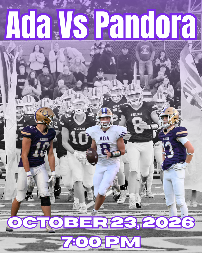 Large photo with partial black and white and full color of football players running toward the photographer with white and purple text