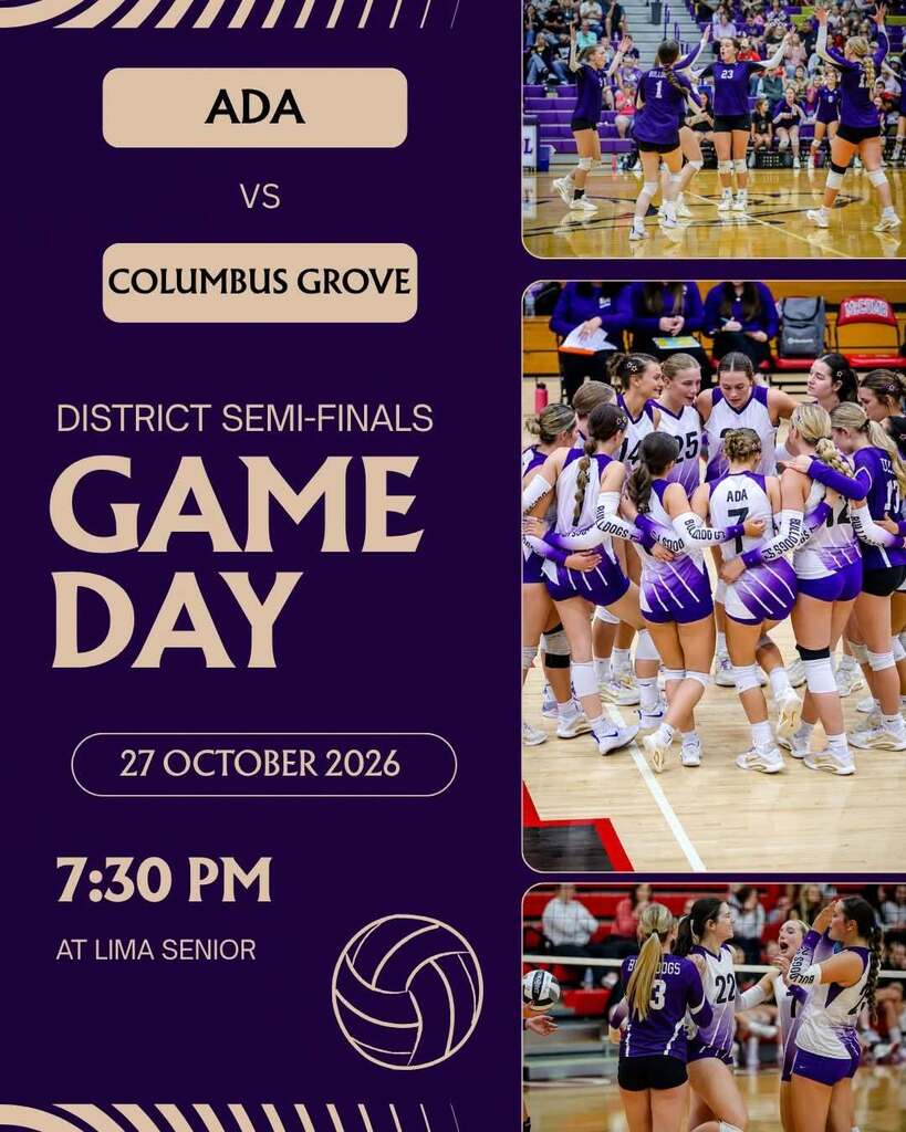 Purple graphic with three photos on the right side and light orange text