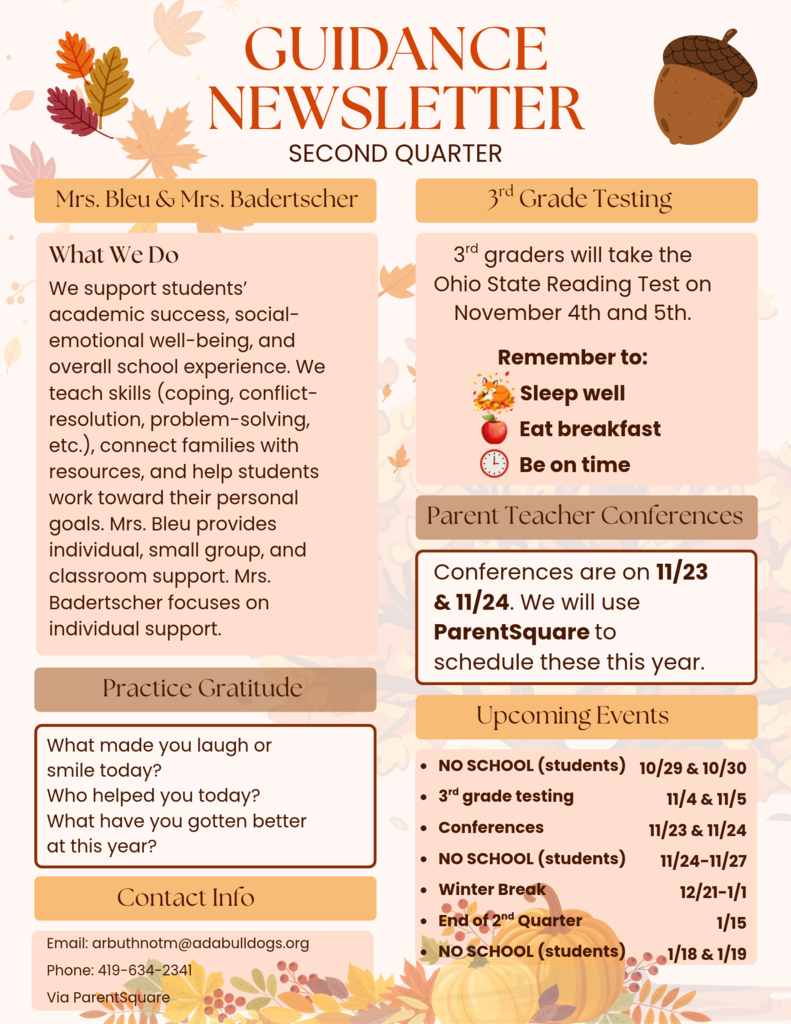 Orange and peach flyer with boxes of text, autumn leaves and acorns and dark brown text