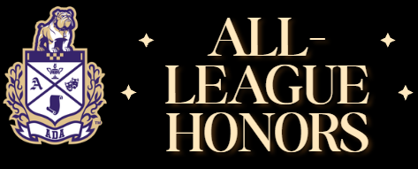 Black graphic wtih gold text and a purple, white and gold bulldog crest to the left