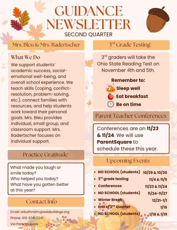 Orange and peach flyer with dark brown text boxes and autumn leaves and acorns