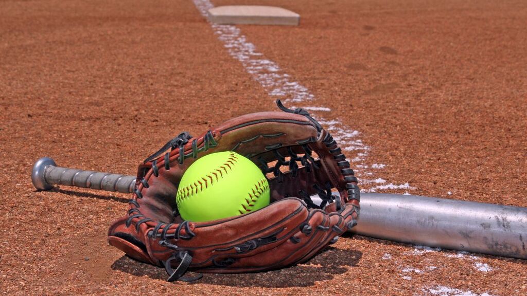 Softball, glove and bat