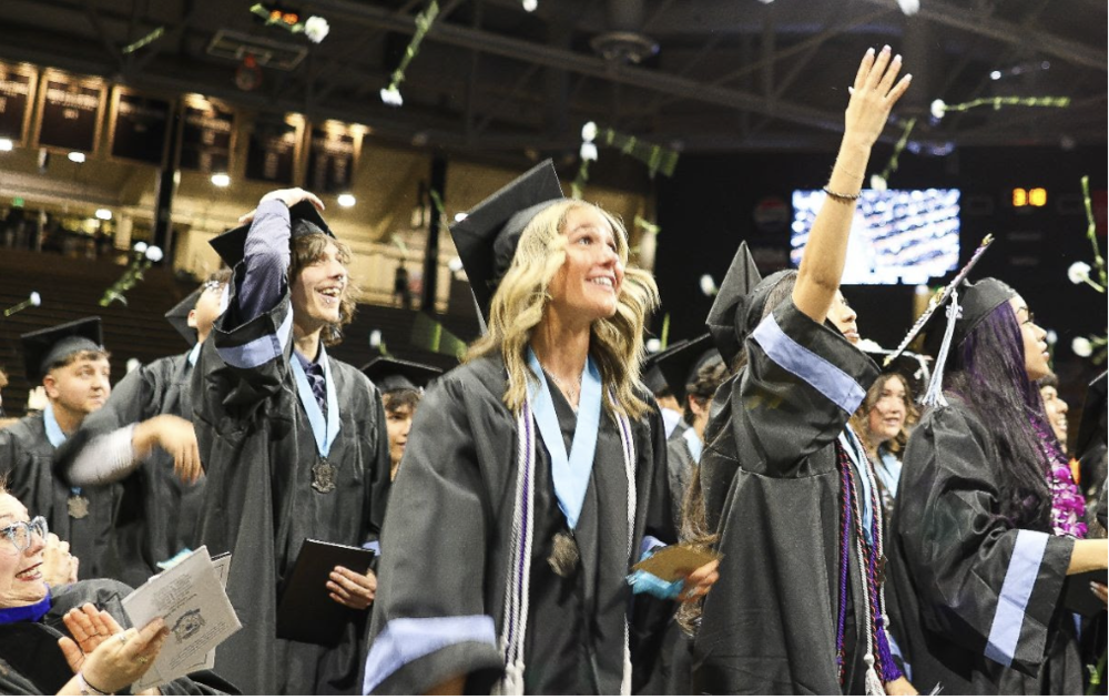 Graduating seniors looking up and smiling