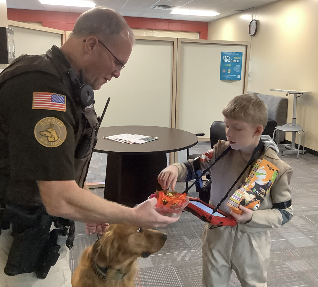 Miss Pett's class had fun today practicing trick-or-treating. 