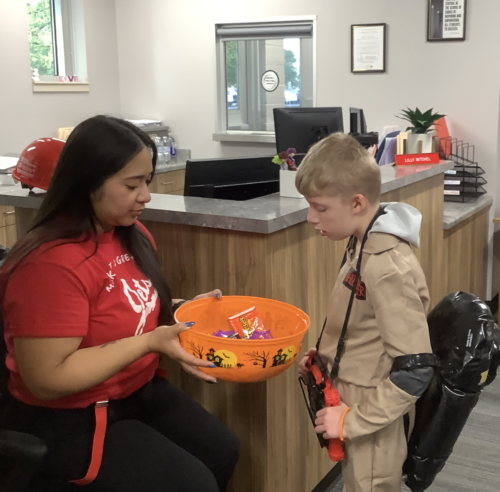 Miss Pett's class had fun today practicing trick-or-treating. 