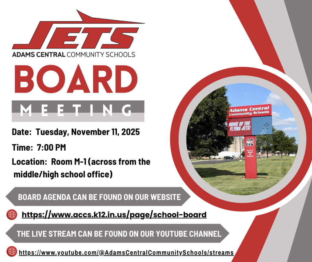The November board meeting is Tuesday, November 11, at 7:00 pm in Room M-1 (across from the middle/high school office). The agenda and link to the live stream on our Youtube channel can be found on our website.