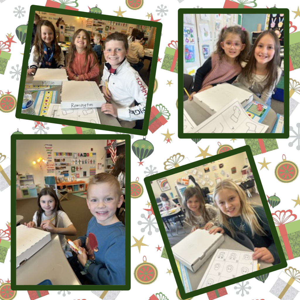 4th grade students helping kindergarten students decorate gift boxes.