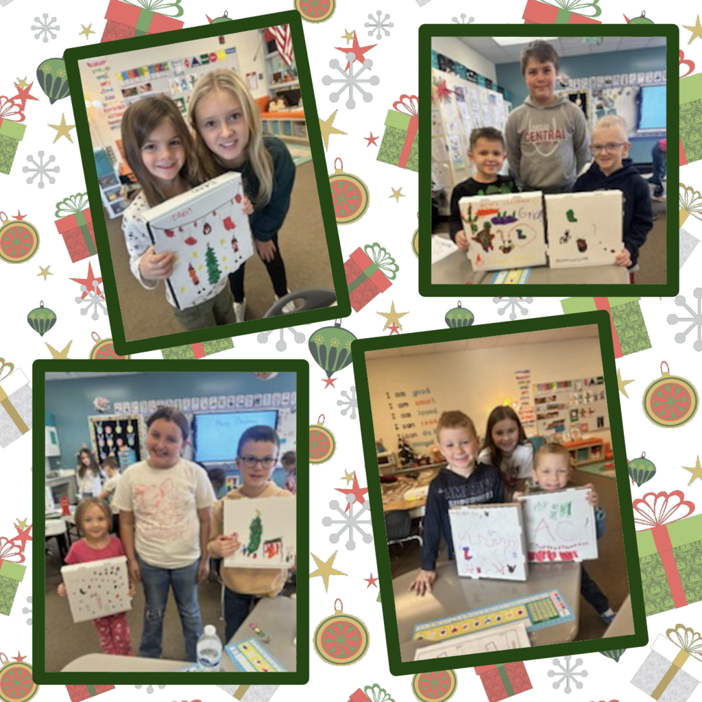 4th grade students helping kindergarten students decorate gift boxes.