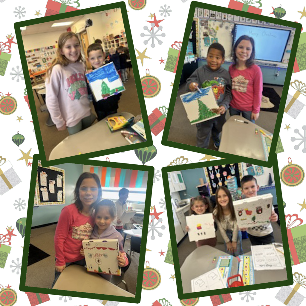 4th grade students helping kindergarten students decorate gift boxes.