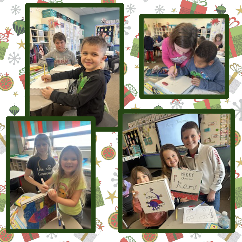 4th grade students helping kindergarten students decorate gift boxes.