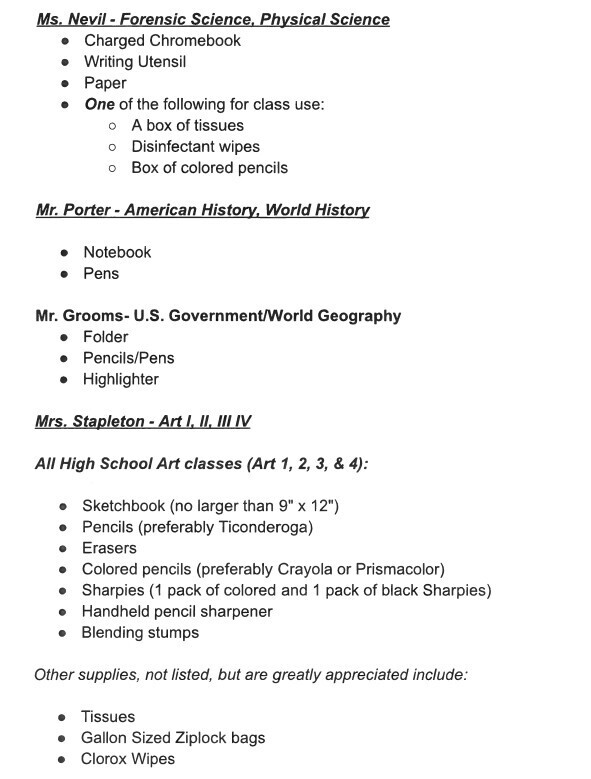 School Supply List