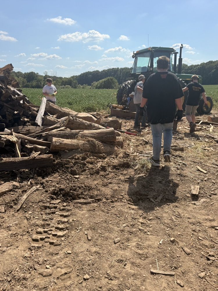 Students stacking fire wood.