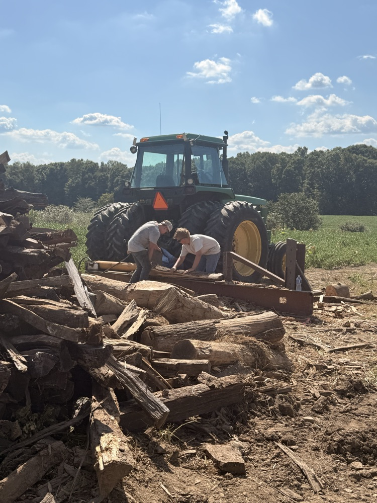 Students stacking fire wood.