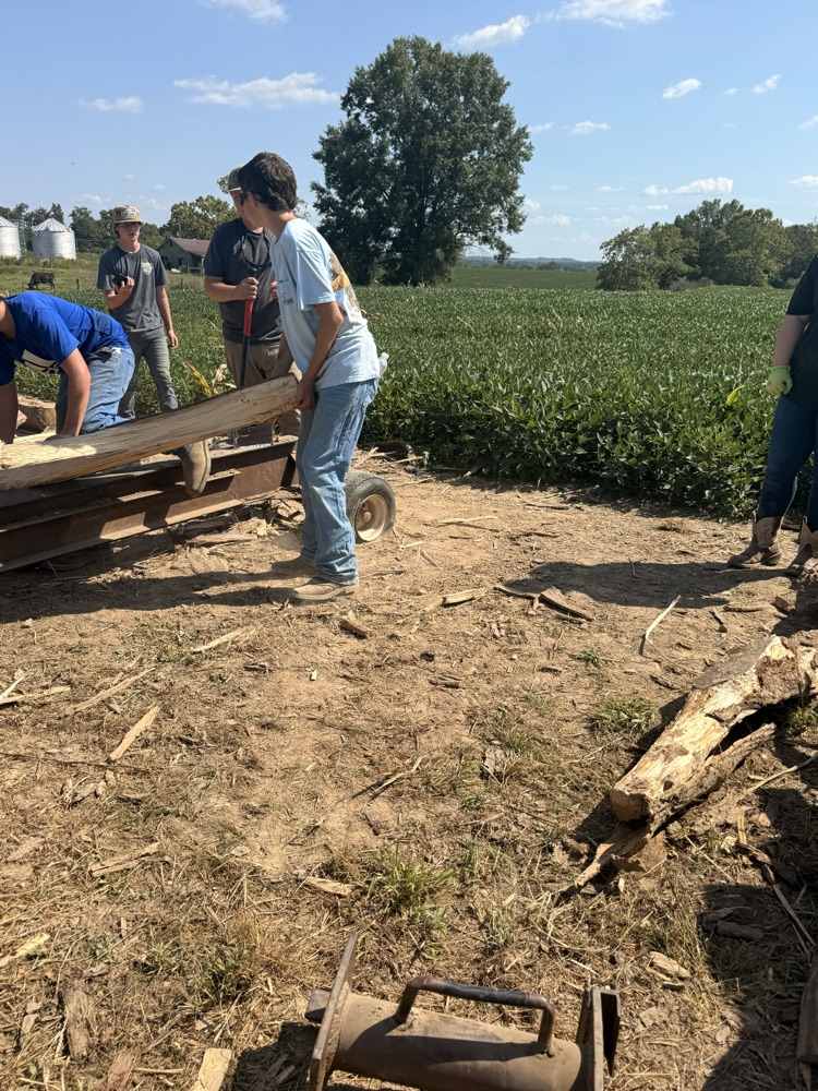 Students stacking fire wood.