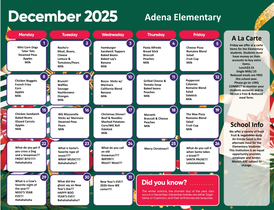 Elementary December 2025 Lunch Menu