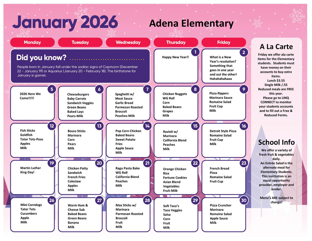 January 2026 Elementary Lunch Menu