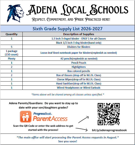 6th grade supply list