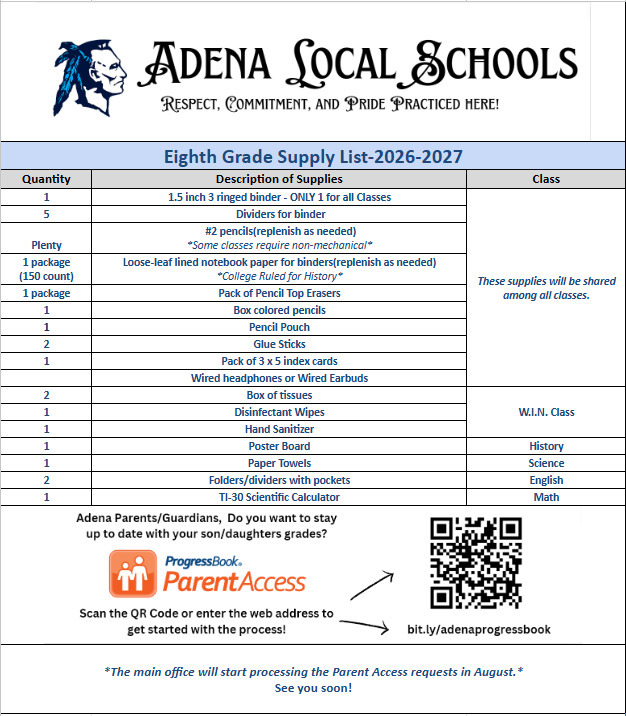 8th grade supply list