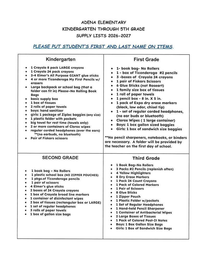 2026-2027 Elementary School Supply Lists  