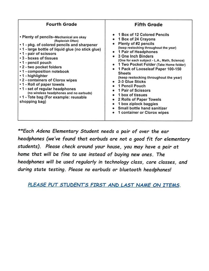 2026-2027 Elementary School Supply Lists   2