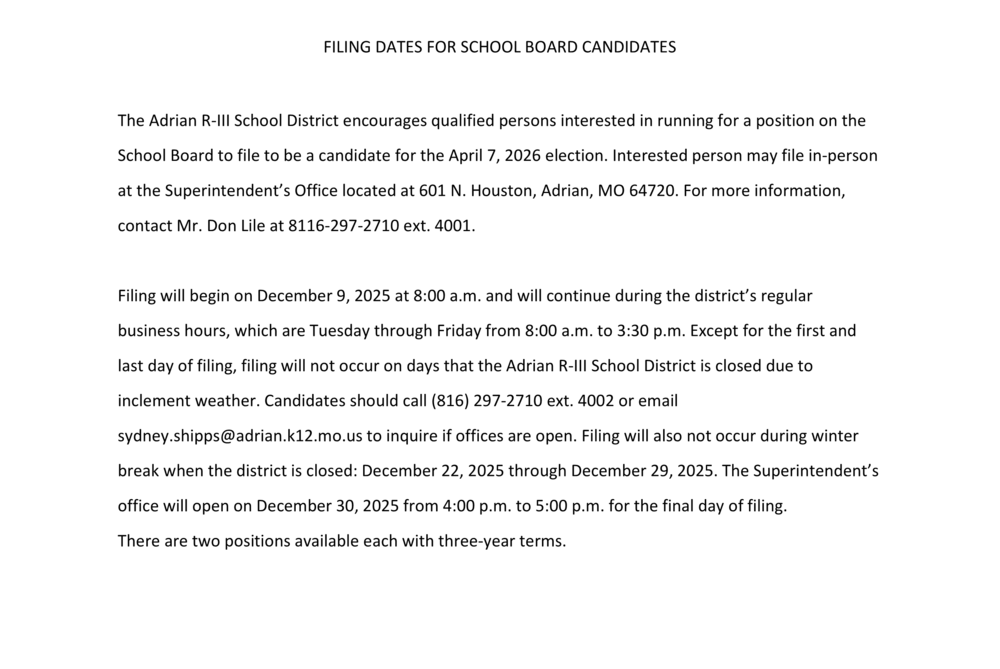 FILING DATES FOR SCHOOL BOARD CANDIDATES