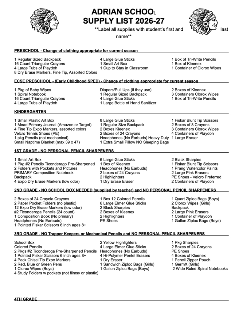 2026-2027 School Supply Lists Page 1